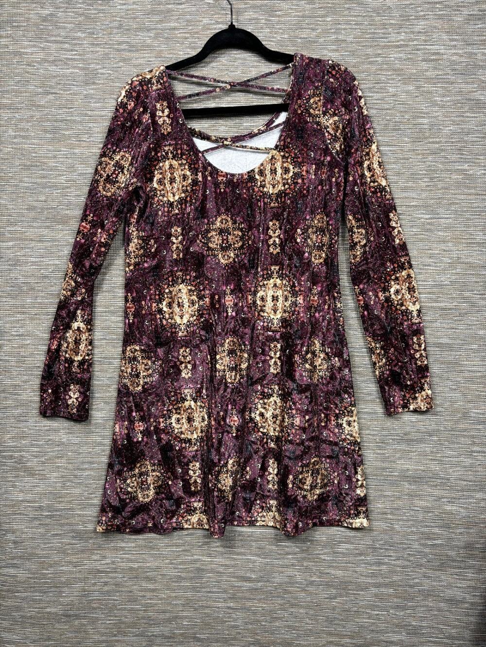 Earthbound Tunic Velvet Fit & Flare Dress Womens Size S Burgundy Geometric Print